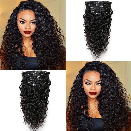 16inch 7 Pcs 120g Water Wave Curly Virgin Brazilian Remy Clip in Human Hair Extension Wavy Human Hair Extensions Clip Ins Natural Black Clip on Hair Extensions for Black Women