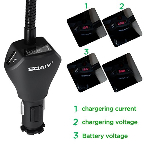 SOAIY Nuova Versione Flex-Porta Cellulare Car Mount Charger da Auto Cigno Accendisigari Supporto Dual USB, 3.1A Caricatore, LED display Tensione Corrente con Rivelatore per iPhone X 8 7 7 Plus