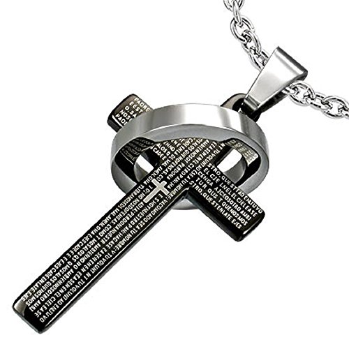 Halskette Edelstahl HK 22 bk3 Kreuz Schwarz mit Ring Edelstahlanhänger Kette 58 cm Anhänger 38 / 21 mm