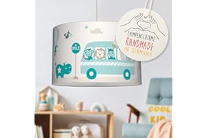 LOVELY LABEL Fröhliche Deckenlampe Tiere on Tour für Kinderzimmer Babyzimmer ø 30 x 20 cm - Deko Deckenleuchte Junge komplett mit Lampenschirm & Leuchtmittel - Baby Kinder Lampe Decke - Mint Beige