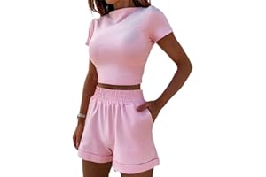 Loalirando 2 piezas Conjunto deportivo mujer niña chándal gimnasia crop top camiseta manga corta + pantalones cortos de cintura alta casual yoga corto gimnasio