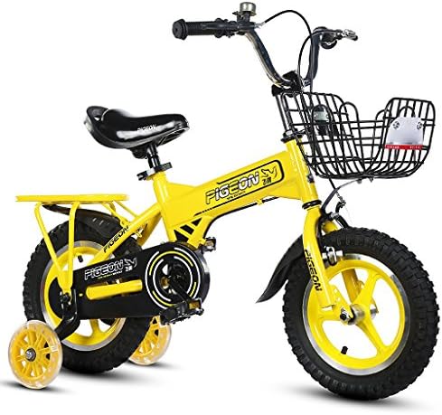 Boys' Kids Bike with Bright Training Wheels, Steel Frame W/Aluminum Alloy Rim, Front Basket, Bell, Rear Seat, Height Adjustable Childrens Bicycle, Heavy Duty Mountain Bike ( Color : Yellow , Size : 14 inch )