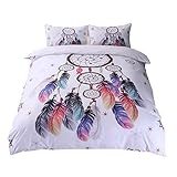 Parure de Lit Blanc Housse de Couette housse de couette 1 personne 140x200cm et Taies d'oreiller 50x75cm Impression de Dreamcatcher Style Ethnique Exotique Capteur de rêves Parure de lit Simple Taille