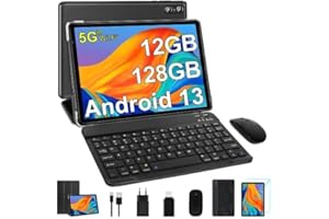 SEBBE Tablet 10 Pulgadas Android 13 Tablet PC 12GB RAM + 128GB ROM （TF 1TB ） Octa-Core 2.0 GHz, | Bluetooth 5.0 | 5G WiFi | 1280 * 800 Pixels | 6000mAh | 5MP+8MP, Tablet con Teclado y Raton Negro