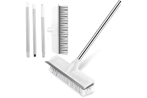 KMAKII Floor Scrub Brush,Indoor/Outdoor Push Broom Stiff Bristles Floor Scrub Brush with Squeegee& 50in Adjustable Long Handle Sweeping Brushfor Cleaning Bathroom, Patio, Kitchen, Wall and Deck