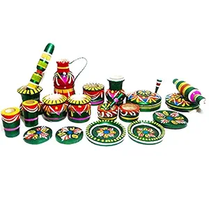 Craft Hand Eco Friendly Handmade Wooden Kitchen Play Set for Boys and Girls 20 Pcs Pack (Green)