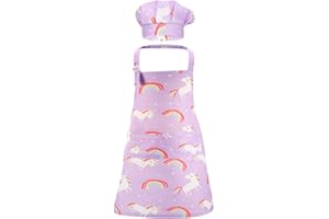 ADAKEL 1 Set Kids Apron Set Unicorn Apron and Chef Hat with 2 Pockets Adjustable Chef Apron and Hats for Kids for Boys Girl's Kitchen Cooking Baking Painting Wear(Purple)