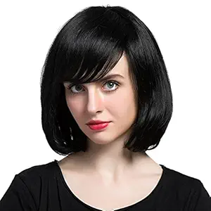 Generic Women Short Side Bangs Straight Bob Real Human Hair Wigs With Cap Black