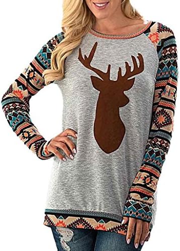 Bestop Women Girls Long Sleeve Christmas Deer Print T-Shirt Fashion O Neck Splice Geometric Printing Tops Blouse Shirt Sweater (XL, Gray)