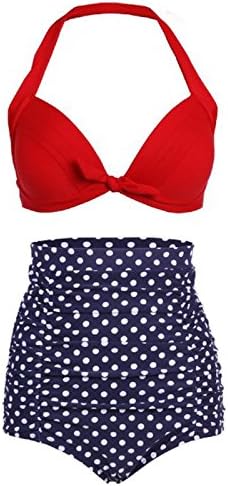 SOTW 50s Pinup Flora Polka Dot Retro Vintage High Waisted Bikini Swimsuits Swimwear, Red and Navy Blue Polka, M