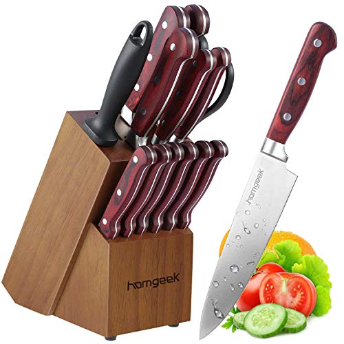 Homgeek Messerblock Messer Set 15 Teilig1x Kochmesser1x Santoku Messer 1x Brotmesser 1x Fleischmesser 1x Allzweckmesser 1x Schlmesser 1x Wetzstahl 1x Schere 6x Steakmesser 1x Messerblock Braun