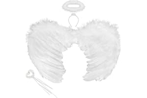 TOPJOWGA Engels Flügel Kostüm, 3 Stück Federflügel Engel Weiß, Engelsflügel mit Heiligenschein und Zauberstab, Engel Kostüm Damen, Engelsflügel Party Kostüm Cosplay Halloween Karneval