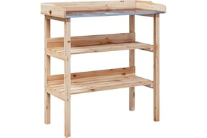 vidaXL Fir Wood Plant Table with Zinc-Top - Garden Potting Station with Shelves for Storage and Display, Ideal for Patio/Greenhouse