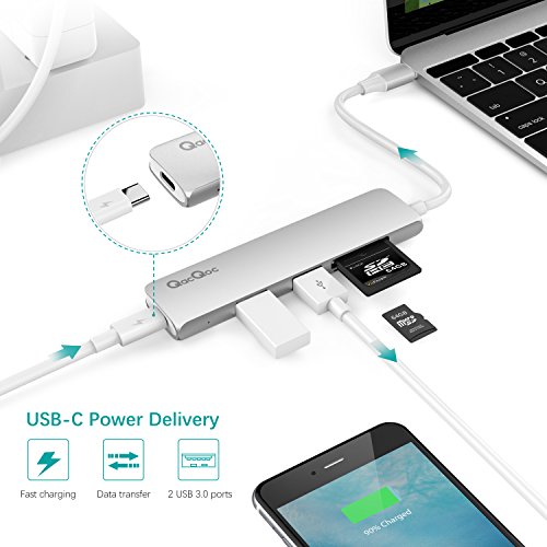 Type C Hub EgoIggo GN22A USB C Adapter USB C Kabel auf 2 Superspeed USB 3.0 Ports, 1 USB C Port mit PD, 1 SD Kartenleser und 1 MicroSD Kartenleser Aluminium Gehäuse geeignet für MacBook, MacBook Pro, Google Chromebook, Huawei Matebook (Silber) - 2