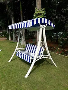 delight item shop Outdoor Swing Chair 3-Seater Metal Pipe Structure with Gadi and SRF Roof, 450 kg Capacity; Powder Coated, White-Blue