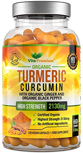 Curcumina de Cúrcuma Orgánica, 500 mg, Con Pimiento Negro Orgánico; 60 Cápsulas, Aprobado Para Veganos y Vegetarianos, Sin OGM; Suplemento Certificado Por la SoilAssociation