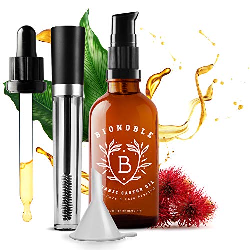 BIONOBLE HUILE DE RICIN BIO 100% Pure, Naturelle & Pressée à Froid | Kit mascara et pompe inclus | Cils, Sourcils, Cheveux, Barbe, Corps, Visage, Ongles | Stimule la pousse | Castor Oil (50ml)