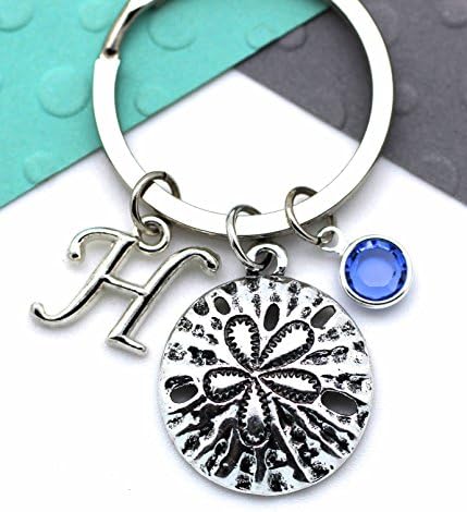 Personalised Sand Dollar Keychain, Sealife Custom Keyring, Personalised Swarovski Birthstone &amp; Initial, Name, Letter, Alphabet Gift