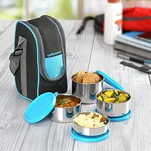 Cello Steelox Stainless Steel Lunch Box-4 Steel, Blue, (Capacities - 225ml, 375ml x 2, 550ml)