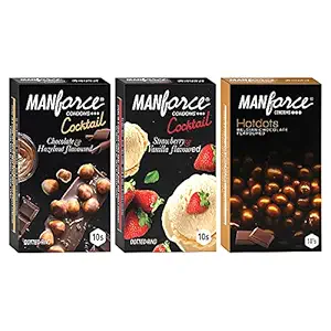 Manforce Exotic Premium Condoms (Hotdots Belgian Chocolate with Bigger Dots, Cocktail Strawberry + Vanilla with Dotted Rings and Cocktail Chocolate + Hazelnut with Dotted Rings) Combo - 10s (Pack of 3)