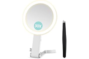 B Beauty Planet Miroir grossissant avec lumière, Miroir grossissant Double Face 30X/1X, Miroir de Maquillage de Voyage avec 3 lumières de Couleur, Miroir de Maquillage Pliable avec Pince à épiler