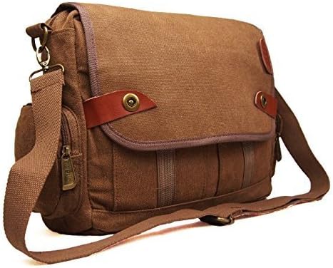 Mens Womens Canvas School Work College Laptop Uni Satchel Messenger Shoulder Bag (Brown)