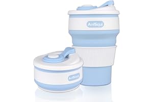 AniSqui Składany silikonowy kubek do kawy z pokrywkami (350 ml, przenośny kubek do kawy bez BPA, składany, pasuje do Twojej kieszeni, niebieski)