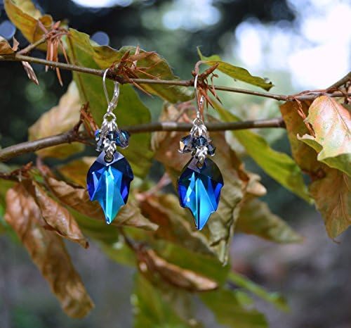 Blue Swarovski crystal leaf earrings w leverback hooks, fairy jewellery, dark mori, forest goth, woodland, witch, faery, elven, sapphire blue, mermaid, fantasy, wood elf