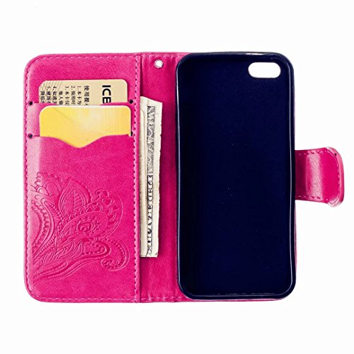 iPhone SE iPhone 5 5S Ledertasche MUTOUREN Schutzhülle Handyhülle Brieftasche Case mit Ständer HalterKartenfächer für iPhone SE 5 5S Premium Ledertasche Gepresste Blumen Painted Pattern Hülle Handy Case Dünne Tasche Cover Schutzhülle Schale Tasche-Pfau Blumen Rot + Metall Stylus Pen - 6