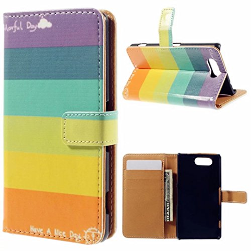 MUTOUREN Sony Xperia Z3 Compact/ Z3 Mini Drucken 2 in 1 Brieftasche Bumper Slim-Schutzhülle Tasche mit Karten- / Geldscheinfach PU Leder Handyhülle Schutzhülle Magnetverschluss Kunstleder Flip Case Tasche Hülle Schutz Etui Schale + Eingabestift – Streifen Bunt - 2