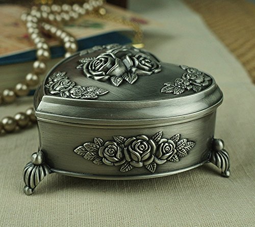 Unendlich U Luxus Prinzessin Schmuckbox mit Vintage Style Antique klein Herz und liebe Rose mit Schmuckkästchen für Damen/Mädchen,Reines Zinn-Schmuckstück,Silber - 4