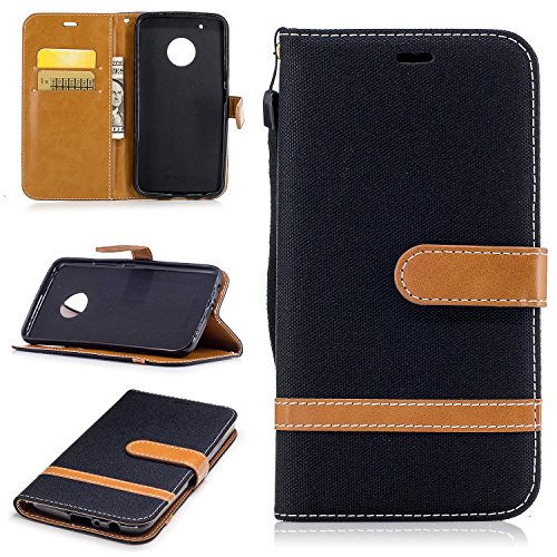 Coque Motorola Moto G5 Plus,Ecowayétui en cuir PU Couleurs mélangées denim étui de téléphone Portefeuille Etui ( noir Cowboy) Housse de Protection Coque Étui Case Cover avec Stand Support Avec des Cartes de Crédit Slot et Fonction Support