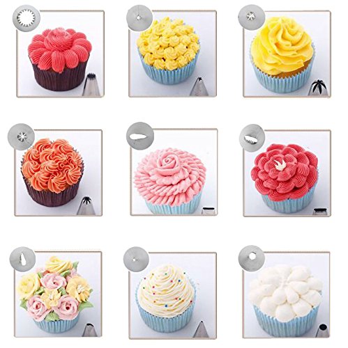 YIAN 46 Spritztüllen Set inkl.42 Stücke Garnieraufsätze 2 wiederverwendbare silikon-vereisungsbeutel und 2 Kunststoff-Kupplungen für Pralinen,Plätzchen, Keksen,Kuchen und Torten Deko decorating tools aus Edelstahl - 7