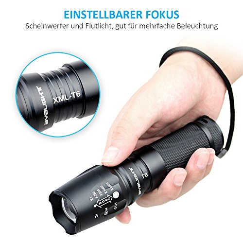 1000 LUMEN Taschenlampe LED ,Fokus Zoombar Taktische LED Taschenlampe von BYBLIGHT, starke CREE XM-L T6 Taschenlamp mit 5 Modi und IP65 Wasserdichte, für Outdoor Stromausfall, Haushalt, Notfall,LED Handlampe aufladbar mit 22650/18650/AAA Akku, Extra Bonus (Solarbetriebene Taschenlampe mit Schlüsselanhänger) - 5