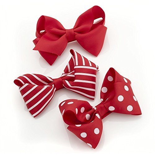 Set von 3 rot uni gestreift und gepunktet Schleife Haar Schnabel Clips Folien