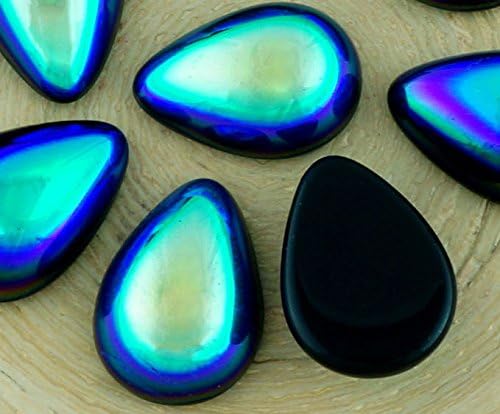 2pcs Opaque Jet Black Ab Half Teardrop Domed Czech Glass Cabochon 18mm x 13mm