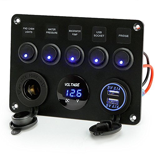 Rupse 5 Gang Switch Panel, Schalttafel Wasserdichte Ein von Digitalen Voltmeter + 12V Zigarette Socket + Double 4.2A USB Power Ladegerät + Digitale Voltmeter für Auto Boot Marine(DIY Schalter)