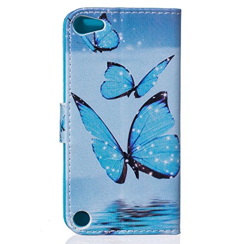 iPod Touch 5G Bunte Ledertasche,iPod Touch 6G Schutzhülle Brieftasche, Aeeque® Flip Bookstyle Schick Blau Schmetterling Muster mit Weich Silikon Innere Standfunktion Kartenfächer Magnetverschluss PU Leder Handytasche Etui Schutztasche für iPod Touch 5 / 6 - 5