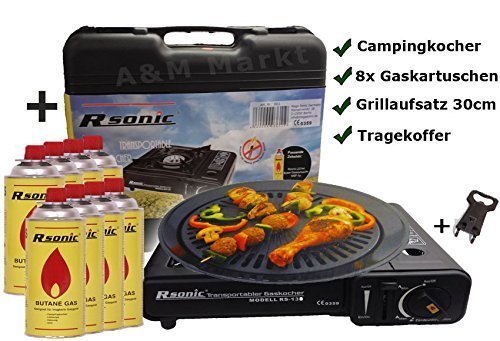Gaskocher Campingkocher mit 8 Gaskartuschen Portable 2,5 KW + Grillaufsatz Grillplatte + Phönix Gasherdkreuz + Koffer (Schwarz)