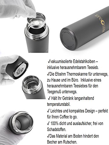 Efoshm Thermosflaschen Edelstahl-500ml Wasserflasche Vakuum-Isolierflasche für Kalt- und Heißgetränke einschließlich Teesieb für Büro, Sport, Outdoor – Ideal für Kaffee, Tee, Kaltgetränke - 3