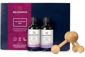 Naissance Coffret Cadeau Huile de Massage BIO The Couples Box Kit - Set 2 x 50ml Huiles & Masseur en Bois - Pour Femme & Homme Relaxante Romantique Naturel Coquin Plaisir Sensuel Erotique Chauffante