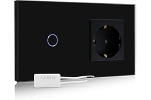 BSEED Interruptor regulador de luz con enchufe,1 Gang 2 Vías LED Dimmer Switch con Schuko Enchufe,16A 250V Enchufe de pared,Interruptor de luz con pantalla táctil Negro(Adaptador Led requerido)