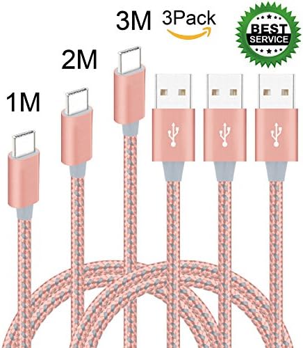 Xinfaxin USB Type C Cable 3 Pack 1M 2M 3M Ultra Strong Durable Nylon Braided Wire Quick Syncing &amp; Charging Cord for MacBook 12", MacBook Pro, ChromeBook Pixel, Nexus 6P/5X, One Plus 2, Nokia N1 Tablet, LG G5 and More (Rose gold &amp; gray)