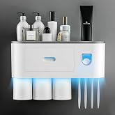 SKOFRI Toothbrush Holders for Bathrooms, 3 Cups Wall Mounted with Toothpaste Dispenser, Large Capacity Tray, Cosmetic Drawer
