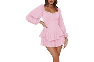 Qtinghua Damen Laterne Rüschen Strampler Schulterfrei Puffärmel Flowy Lyaner Strampler Kleid Gesmokt Kurz Jumpsuit Playsuits