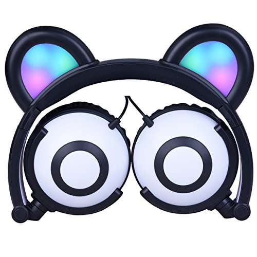 LIMSON Auriculares Plegables para Niños, con Cable de Luz LED Brillantes Headphones con Oreja de Oso, Headset para Adolescentes Niñas Niños Adultos LX-L109 (Negro)
