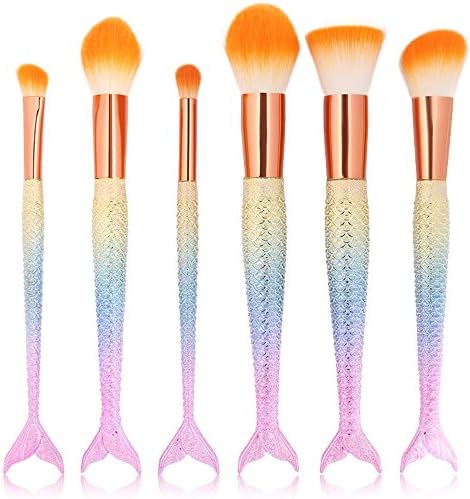 Efforty 6pcs Colorful Rainbow Mermaid Nylon Hair Makeup Brush Set, for Foundation, Eyeshadow, Blush, Cream, Concealer, Loose Powder (J)
