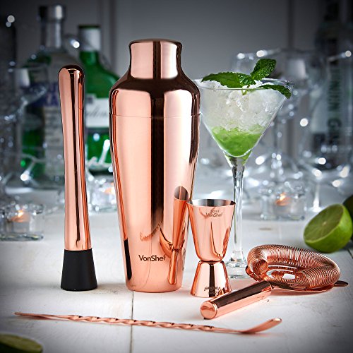 VonShef Premium Kupfer Pariser Cocktail Set mit Rezeptbuch, Edelstahl 550ml Shaker, 9” Gedrehter Barlöffel/ Gabel, Hawthorne -Sieb, 25ml/ 50ml Messbecher & Stößel, Zwei Jahre KOSTENLOSE Gewährleistung - 2