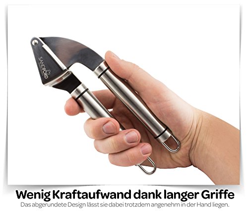 Sandford Knoblauchpresse | Edelstahl-Presse mit gratis Silikon-Knoblauchschäler | Knoblauchschneider Set mit Schäler / Knoblauch-Rolle | zur Verarbeitung von Knoblauch und Ingwer | spülmaschinenfest - 6