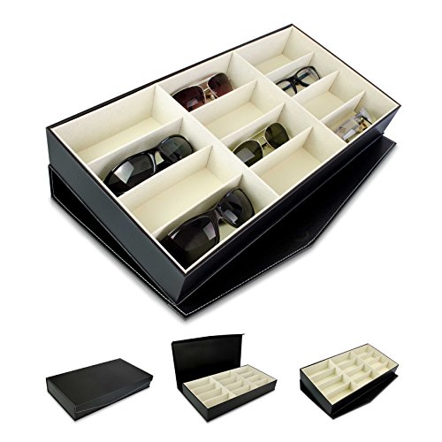VENKON – Brillenbox für Aufbewahrung & Präsentation von 12 Brillen Organizer – Kunstleder Schwarz – 48 x 25 x 7 cm - 3